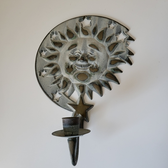 Vintage Verdi Gris Metal Partylite Sun and Stars Wall Sconce Candle Holder - Picture 2 of 15